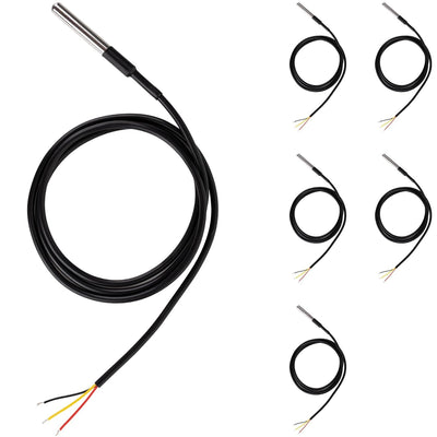 Pack of five DS18B20 waterproof stainless steel 1-wire digital temperature sensors with black cables.