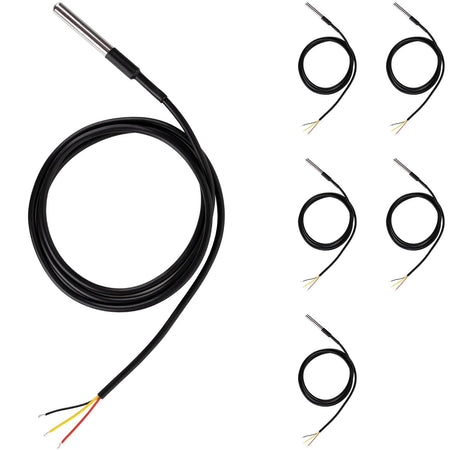 Pack of five DS18B20 waterproof stainless steel 1-wire digital temperature sensors with black cables.