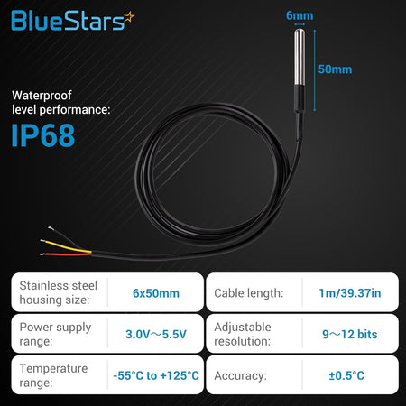 DS18B20 waterproof digital temperature sensor with stainless steel probe and technical specification chart.
