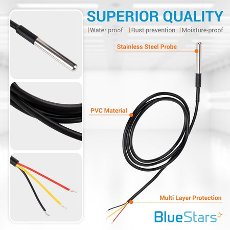 Infographic showing DS18B20 waterproof stainless steel temperature sensor probe, PVC cable, and wire leads.