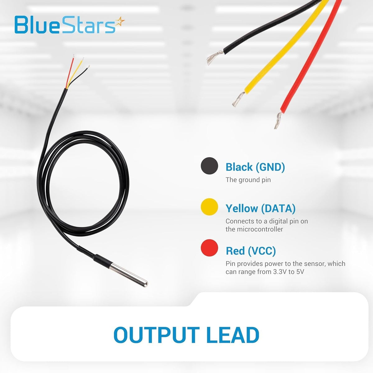 DS18B20 waterproof temperature sensor wiring diagram showing black, yellow, and red output leads with pin functions.