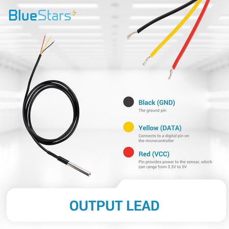 DS18B20 waterproof temperature sensor wiring diagram showing black, yellow, and red output leads with pin functions.