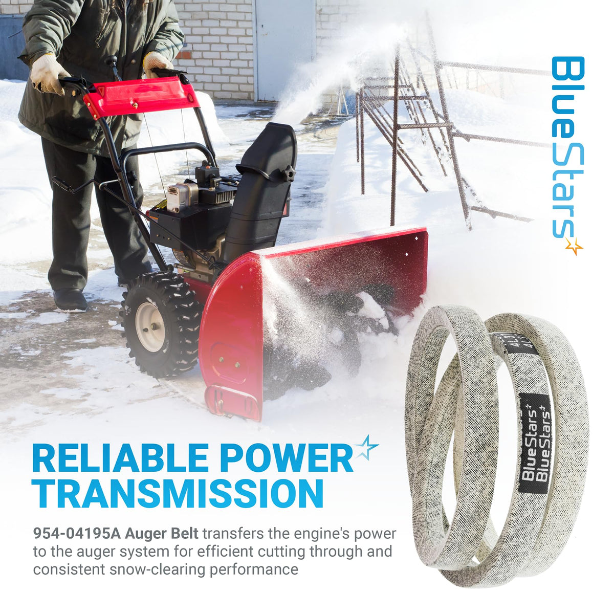 954-04195A auger belt for snowblowers shown with a person operating a snow thrower in a snowy environment.