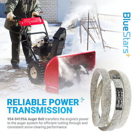 954-04195A auger belt for snowblowers shown with a person operating a snow thrower in a snowy environment.