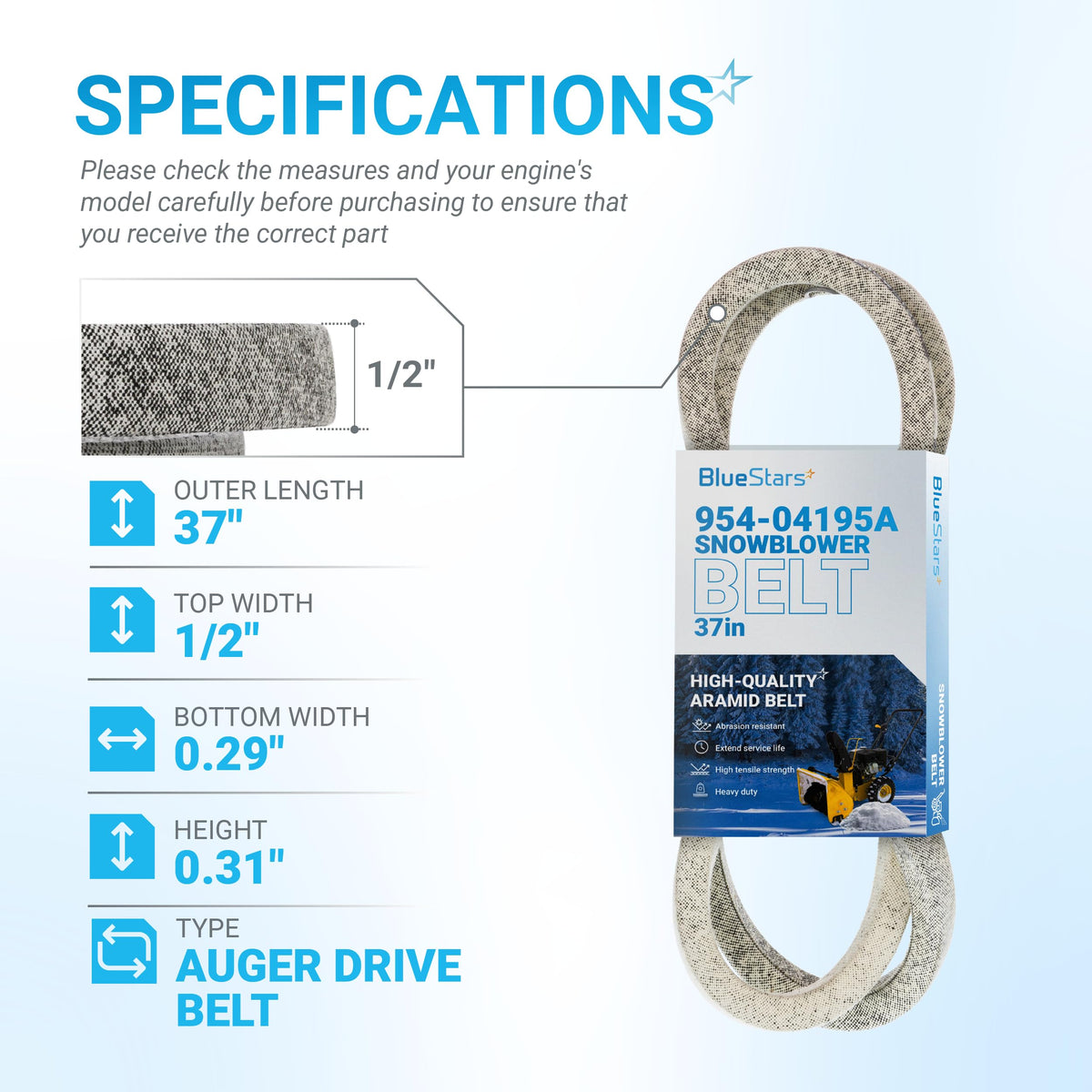 Specification chart for 954-04195A snowblower auger belt showing dimensions and product details.