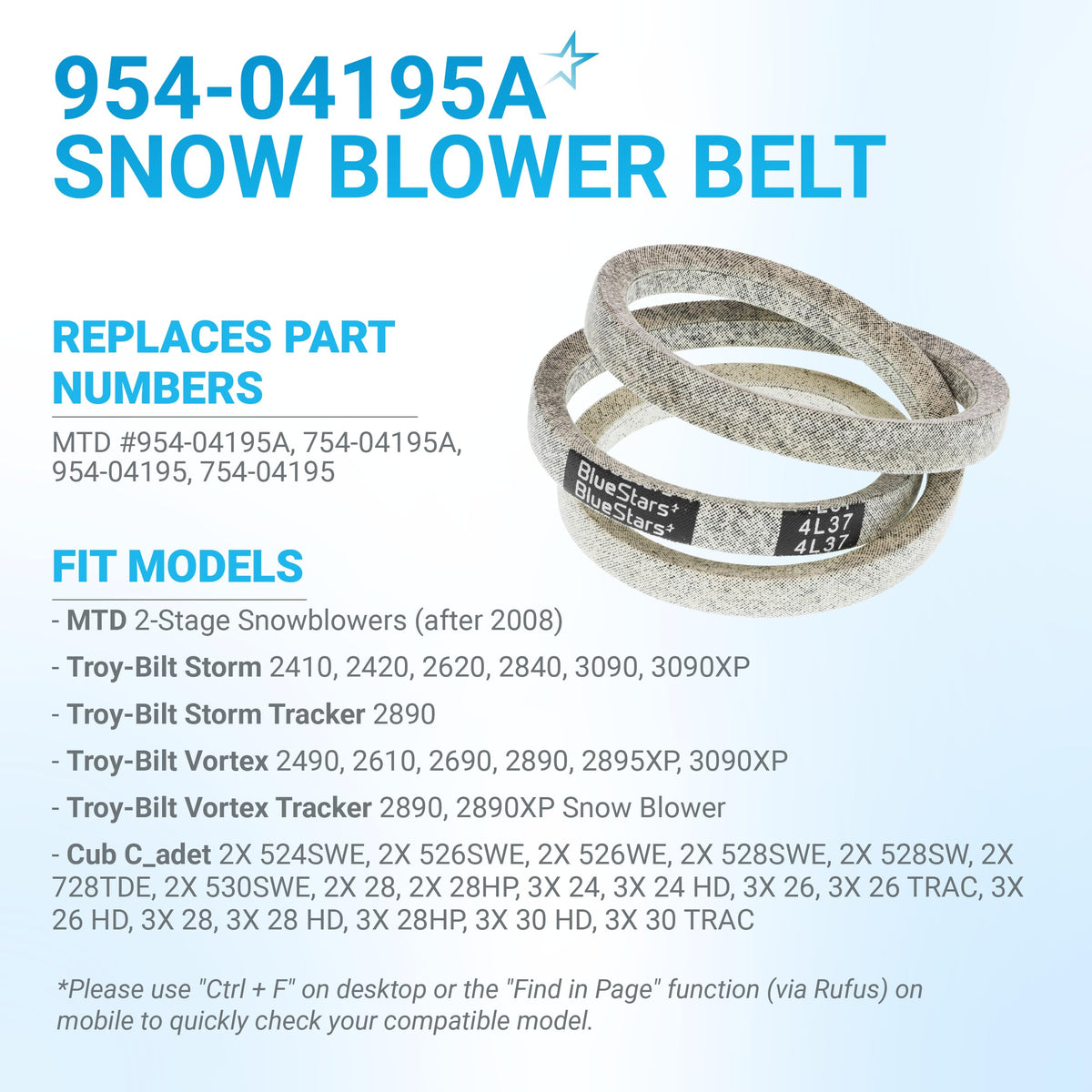 954-04195A snowblower auger belt replacement with compatibility information and part numbers listed.