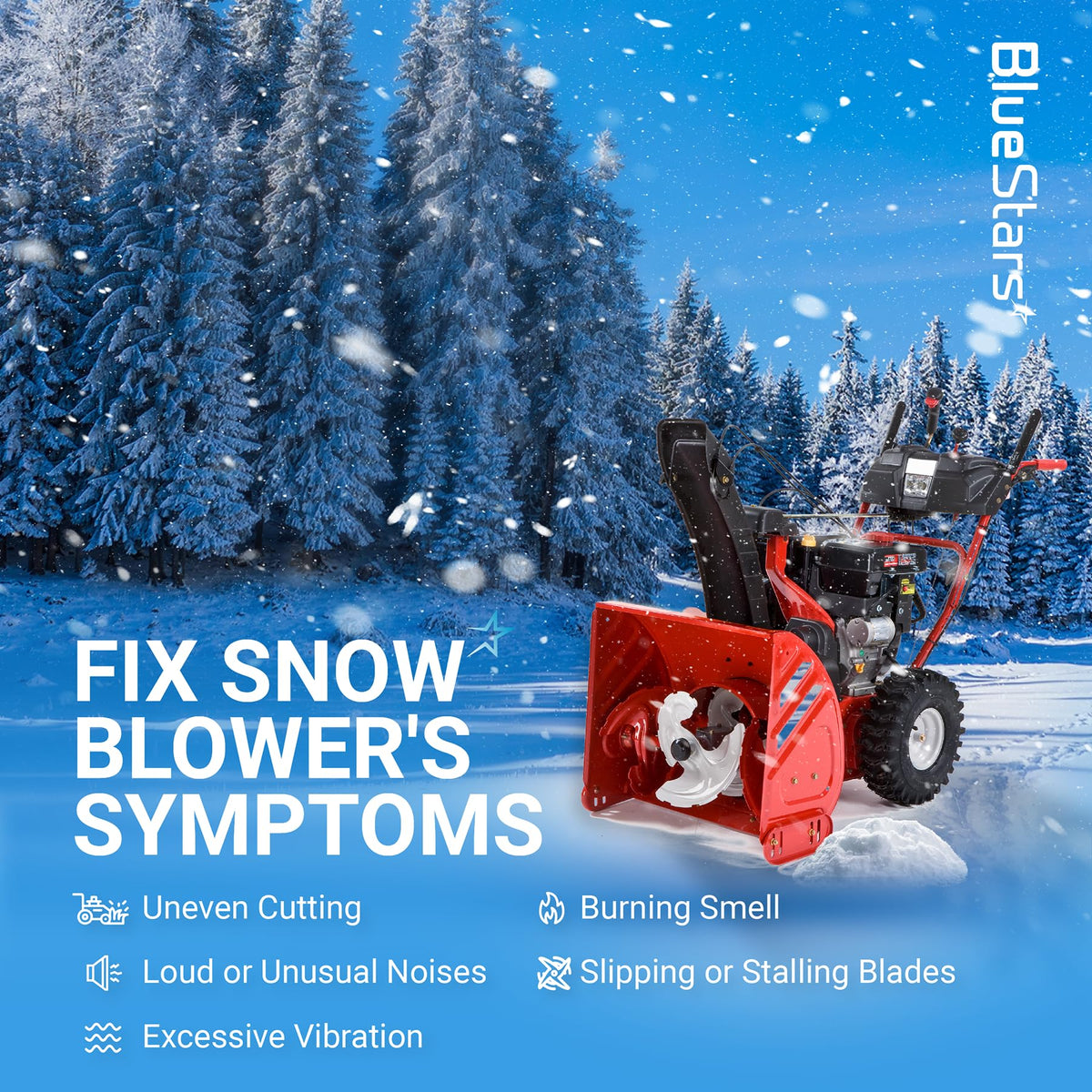 Red snowblower in a winter landscape illustrating symptoms fixed by the 954-04195A auger belt replacement.