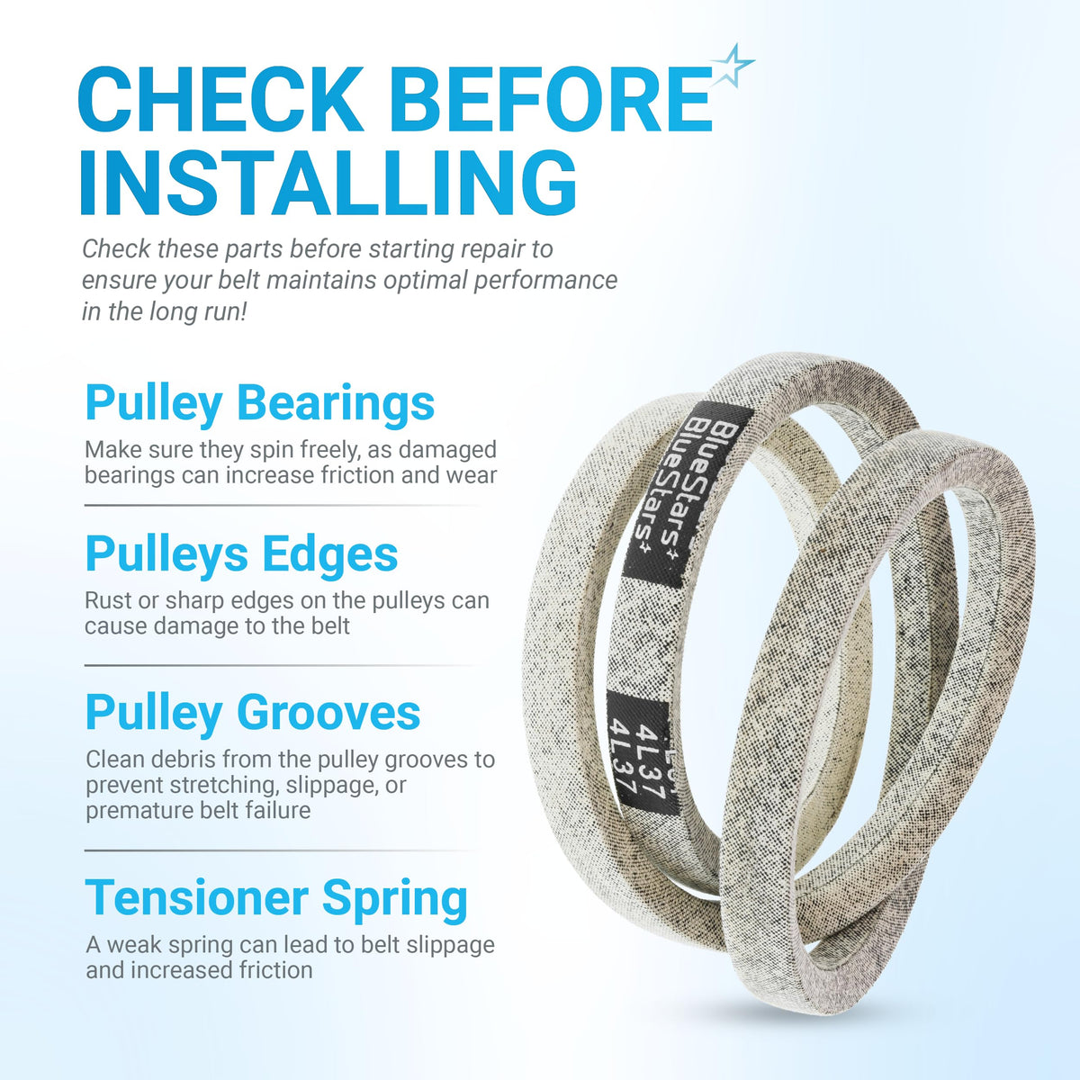 Informational graphic showing 954-04195A snowblower auger belt installation tips and pulley maintenance checklist.