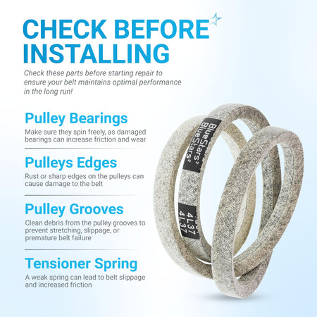 Informational graphic showing 954-04195A snowblower auger belt installation tips and pulley maintenance checklist.
