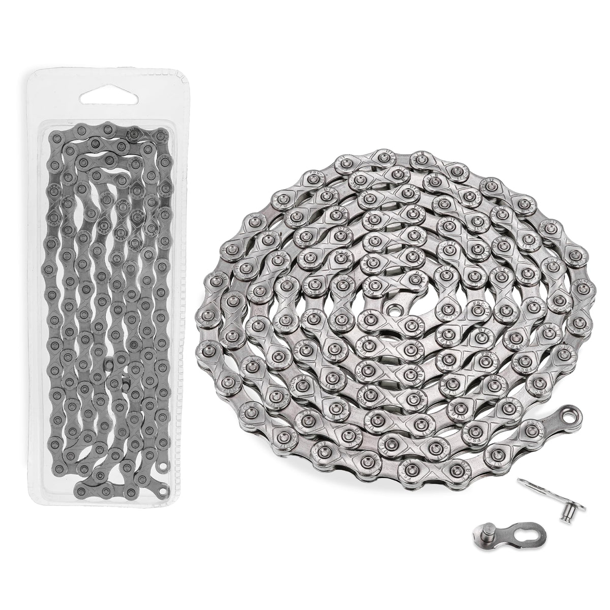 11-speed bike chain in packaging with coiled chain and quick link connector.