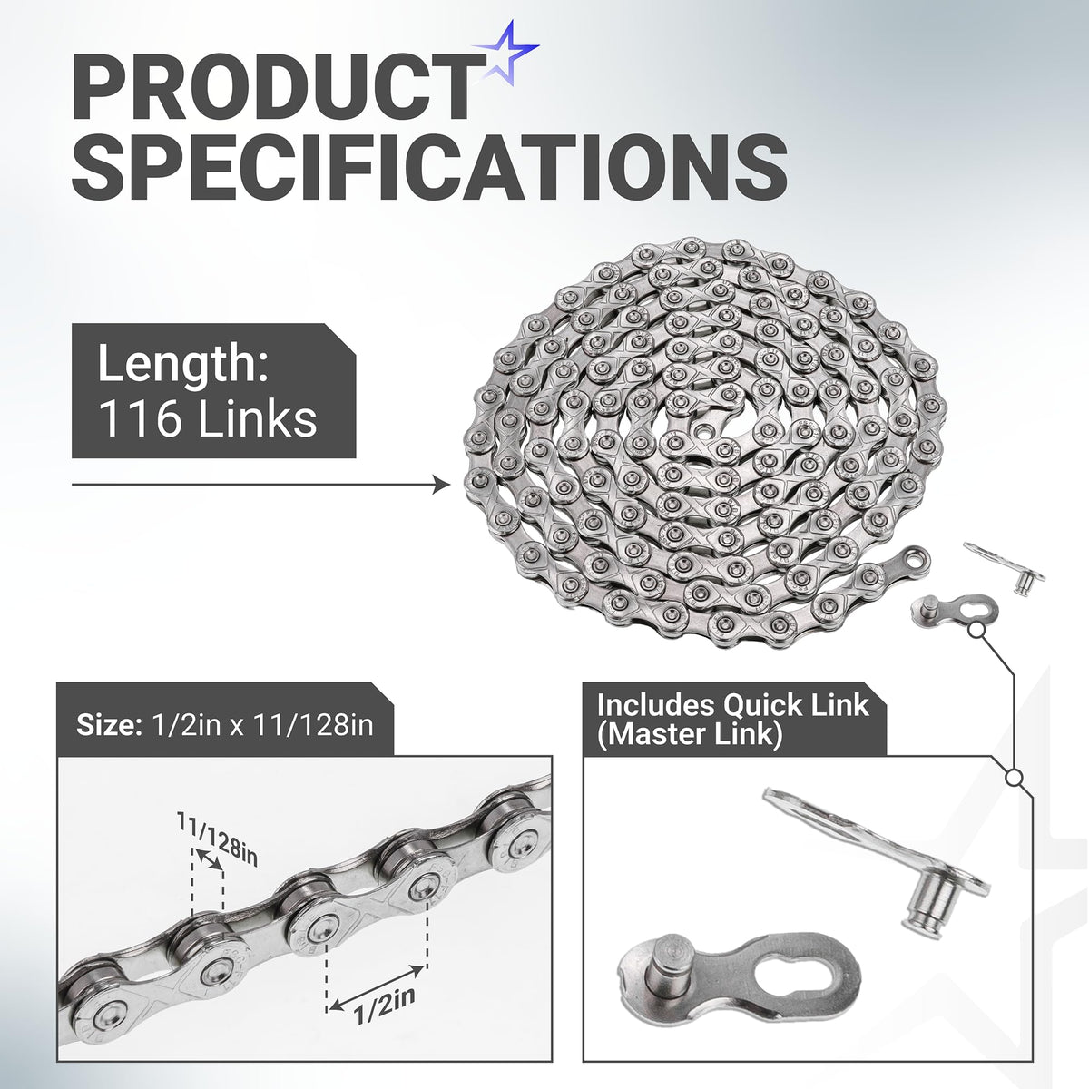 Infographic showing 11-speed bike chain specifications, 116 links, 1/2 x 11/128 inch dimensions, and included quick link.