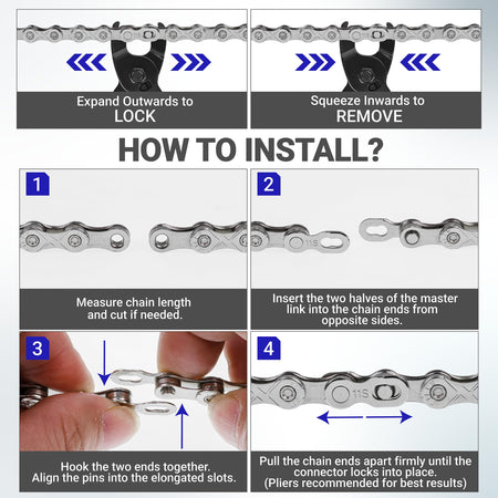 Instructional diagram showing how to install and remove an 11-speed bike chain using a quick link connector.
