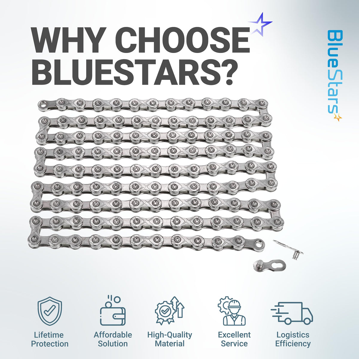 11-speed anti-rust bicycle chain with quick link for MTB and road bikes, displayed with BlueStars brand information.