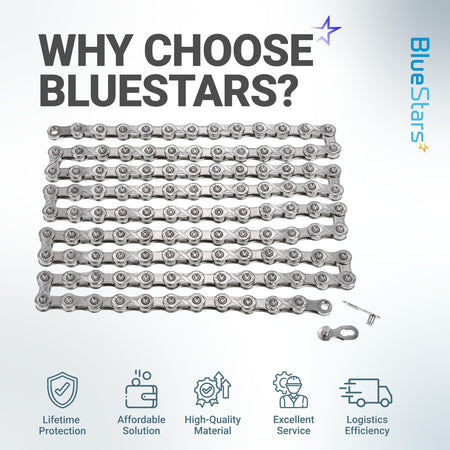 11-speed anti-rust bicycle chain with quick link for MTB and road bikes, displayed with BlueStars brand information.