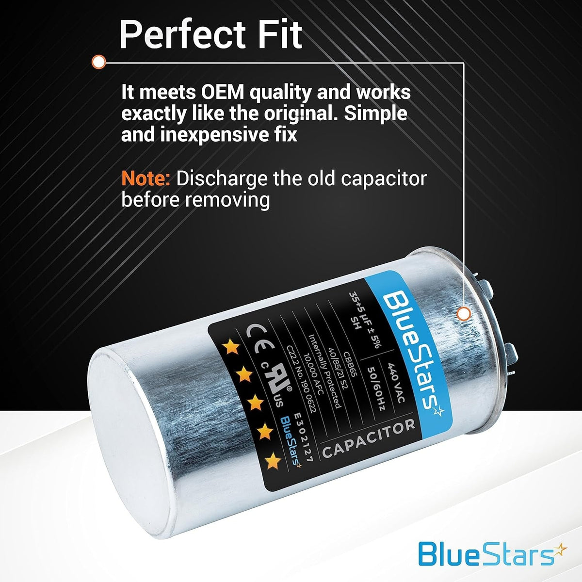 Single 35+5 MFD 370/440 VAC dual run round capacitor with product specifications and safety instructions.
