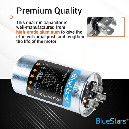 35+5 uF 370/440 VAC dual run round capacitor with terminal close-up and product specifications label.