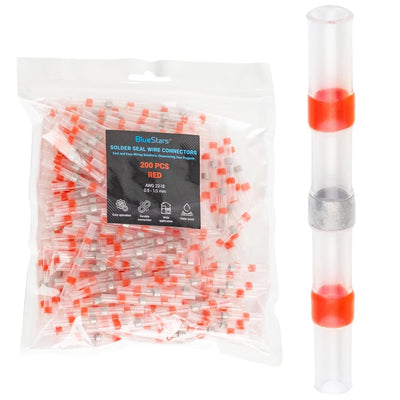 Bag of 200 red solder seal wire connectors for 22-18 AWG with a single connector close-up.