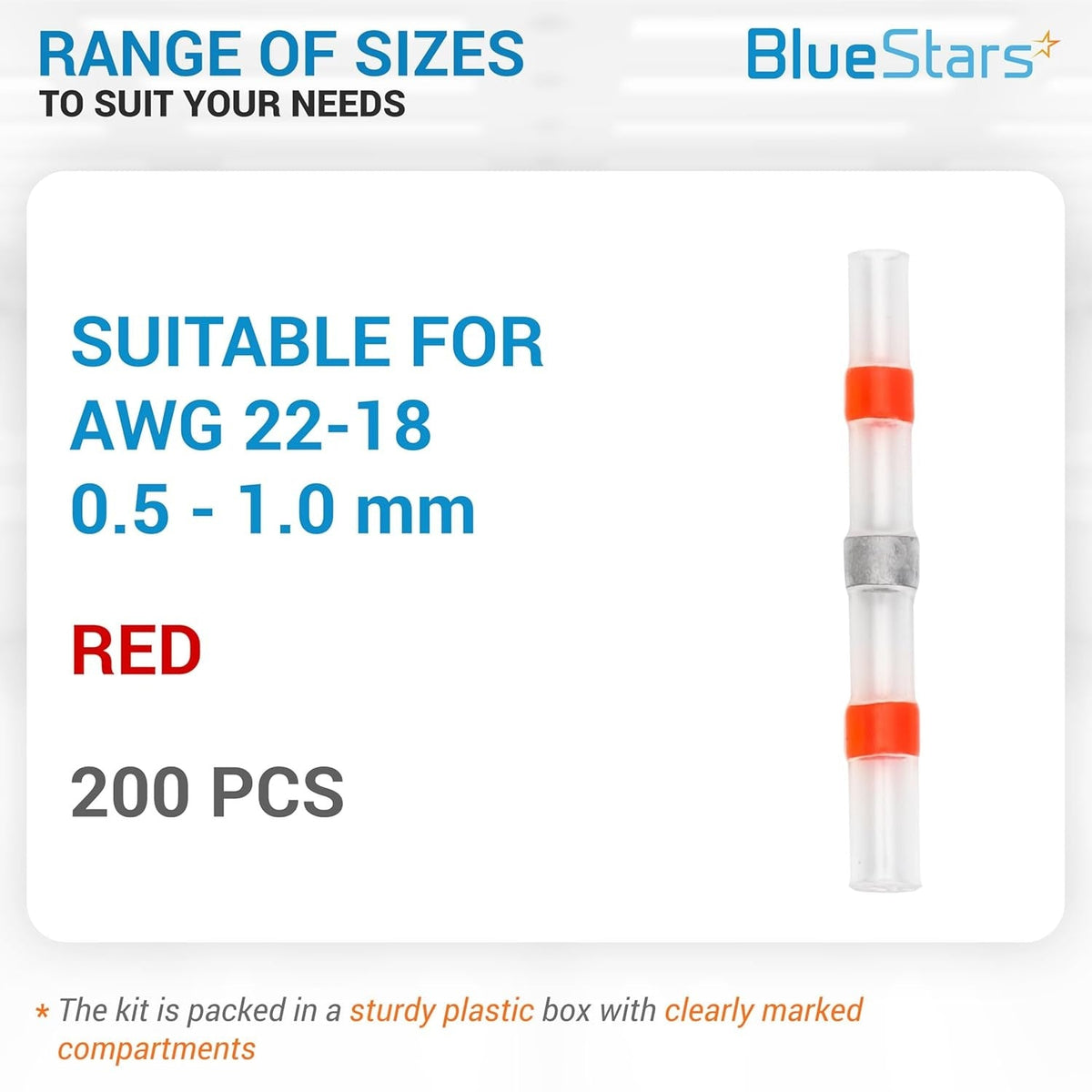 Single red solder seal wire connector for 22-18 AWG wire, shown in an informational product graphic.