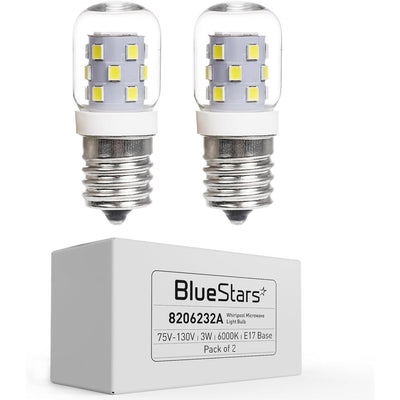 Two 8206232A 3W E17 base dimmable microwave LED bulbs with 6000K daylight and their product packaging box.