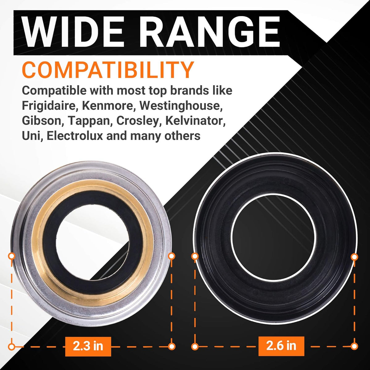 5303279394 washer tub seal kit components showing 2.3-inch and 2.6-inch diameter measurements for appliance compatibility.