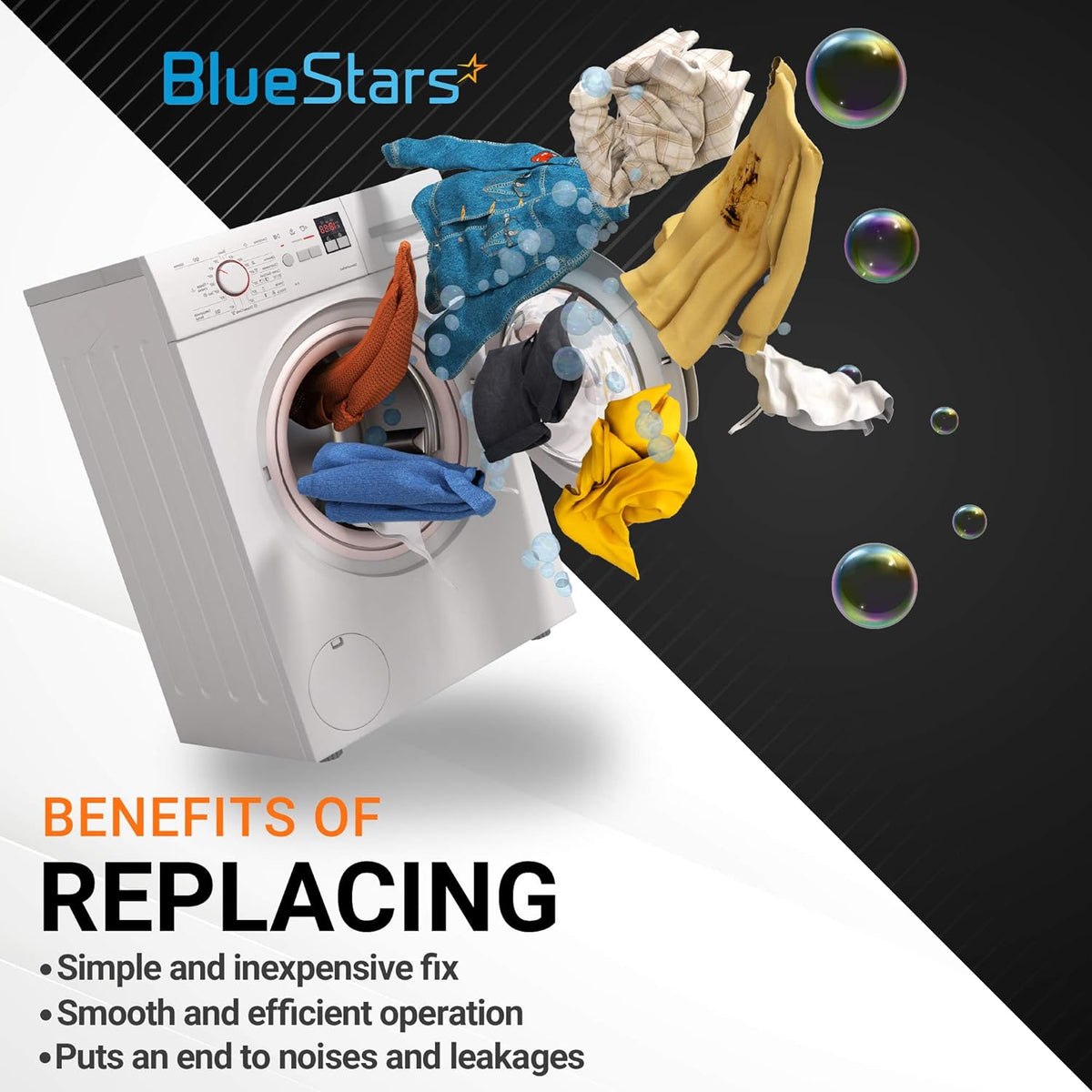 BlueStars washer tub seal kit benefits graphic showing a washing machine with clothes and bubbles.