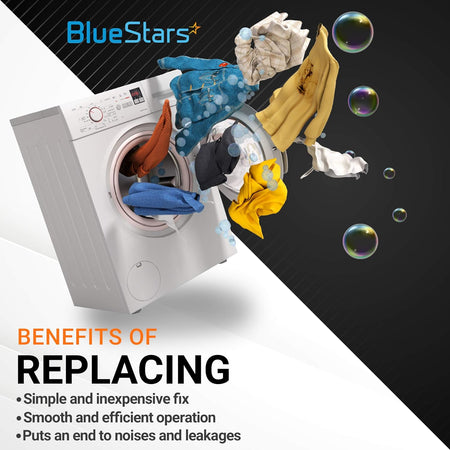 BlueStars washer tub seal kit benefits graphic showing a washing machine with clothes and bubbles.