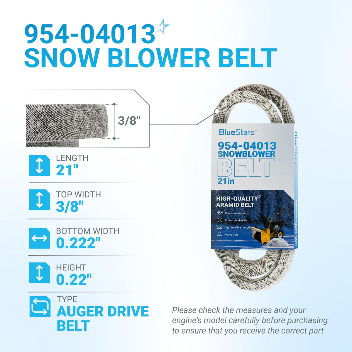 954-04013 snowblower auger drive belt with technical specifications and dimensions diagram.