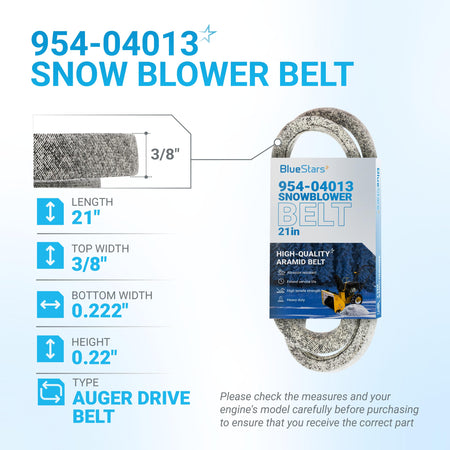 954-04013 snowblower auger drive belt with technical specifications and dimensions diagram.