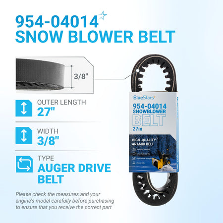 954-04014 snowblower auger drive belt with 27-inch length and 3/8-inch width specifications.