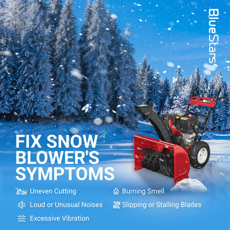 Infographic showing snowblower symptoms fixed by 954-04013 and 954-04014 auger drive belt set.