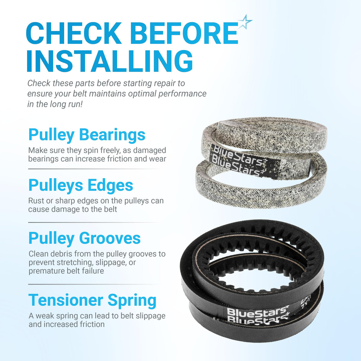 Installation guide for 954-04013 and 954-04014 snowblower auger drive belt set with maintenance tips.