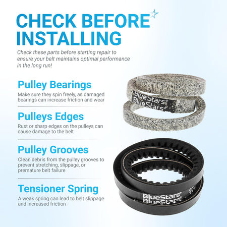 Installation guide for 954-04013 and 954-04014 snowblower auger drive belt set with maintenance tips.