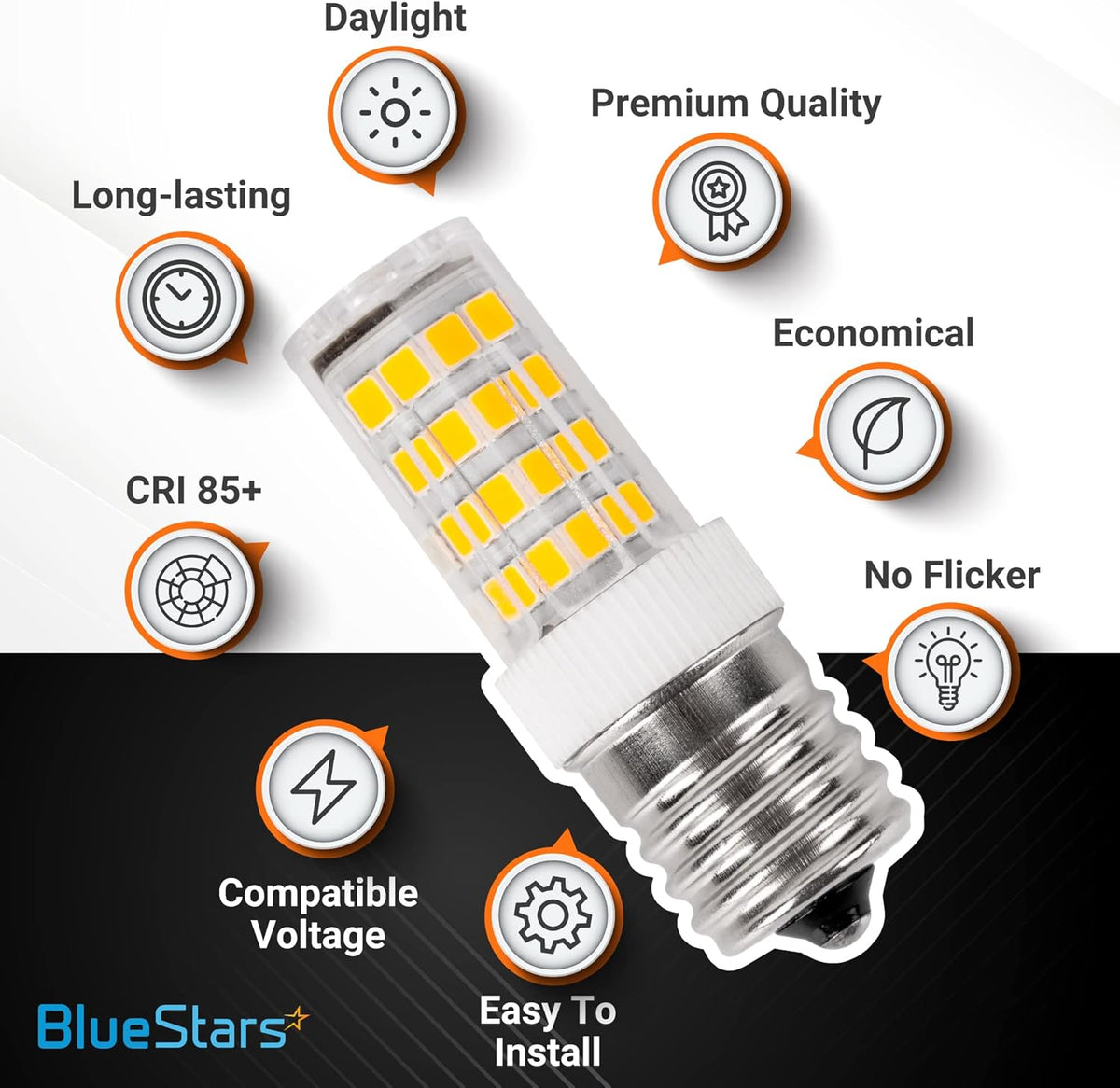 Single 8206232A 5W dimmable LED bulb with daylight 6000K output and feature icons.