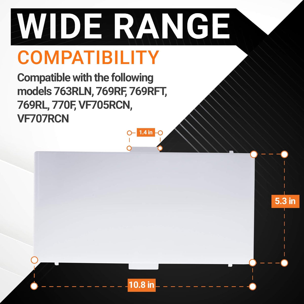 89108000 bathroom vent fan light lens cover with dimensions 10.8 x 5.3 inches and compatibility list.