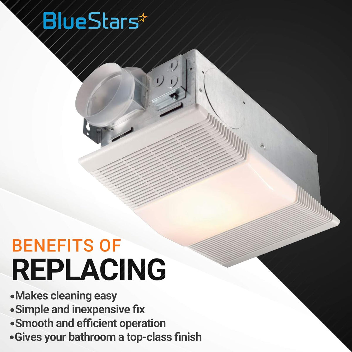 Broan Nutone bathroom vent fan with light lens cover installed in housing unit.