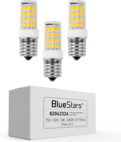 Pack of three 5W E17 base LED microwave light bulbs with product box, model 8206232A.