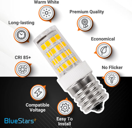 5W E17 base LED microwave light bulb with feature icons highlighting warm white, long-lasting, and flicker-free benefits.
