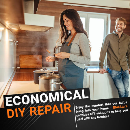 Woman cooking in a kitchen with an under-hood microwave light bulb installed, promoting economical DIY repair.