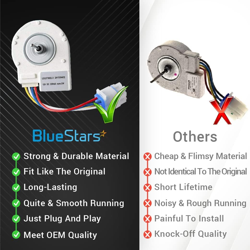 Comparison chart showing BlueStars 241509402 refrigerator evaporator fan motor versus generic replacement parts.