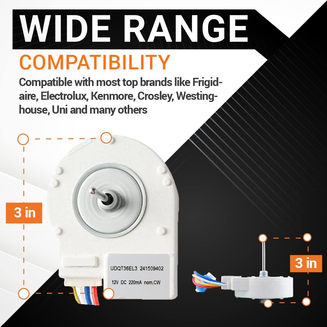 241509402 refrigerator evaporator fan motor showing 3-inch dimensions and wide brand compatibility.