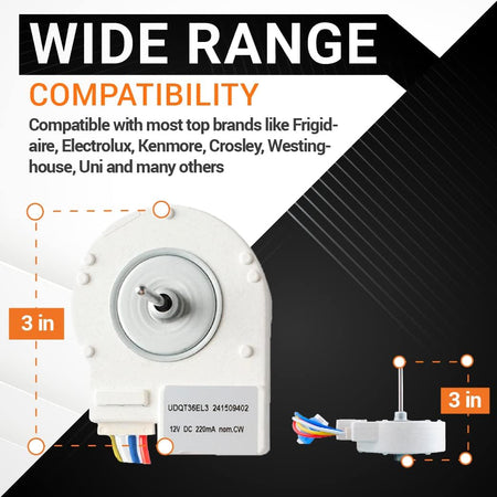 241509402 refrigerator evaporator fan motor showing 3-inch dimensions and wide brand compatibility.