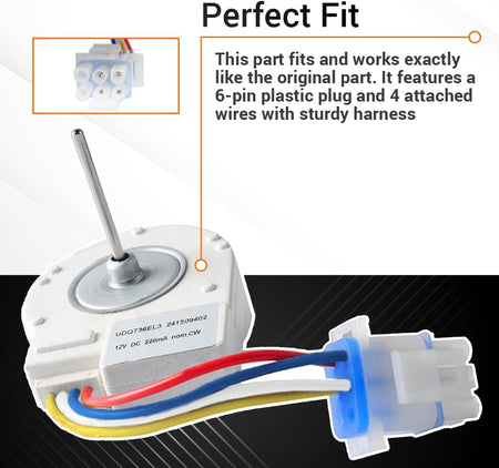 Refrigerator evaporator fan motor 241509402 with 6-pin plastic plug and wiring harness.