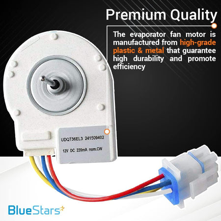 241509402 refrigerator evaporator fan motor with wiring harness and connector plug.