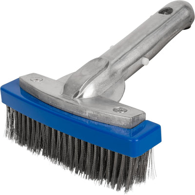 5-inch swimming pool brush with metal bristles and a sturdy aluminum handle for pool maintenance.
