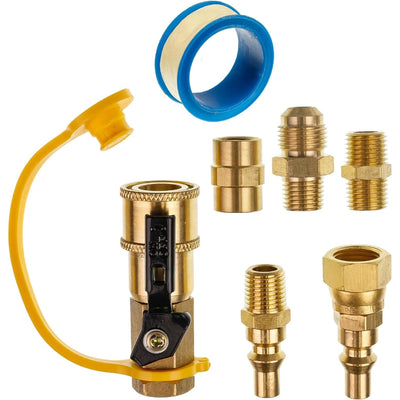 7-piece RV propane quick connect fitting kit with brass adapters, shut-off valve, and thread seal tape.