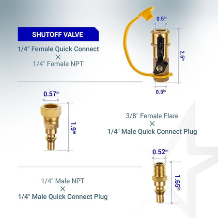 RV propane quick connect fitting kit showing dimensions for shutoff valve, flare adapter, and NPT plug components.