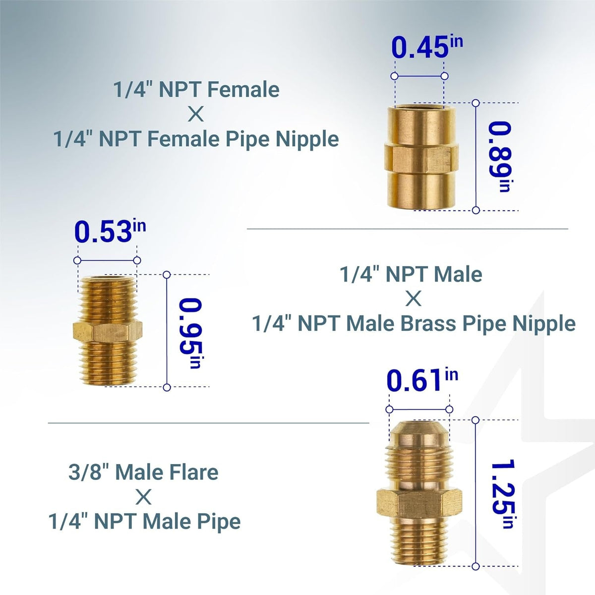 Dimensional diagram showing 1/4 inch NPT female, 1/4 inch NPT male, and 3/8 inch male flare brass pipe fitting adapters.