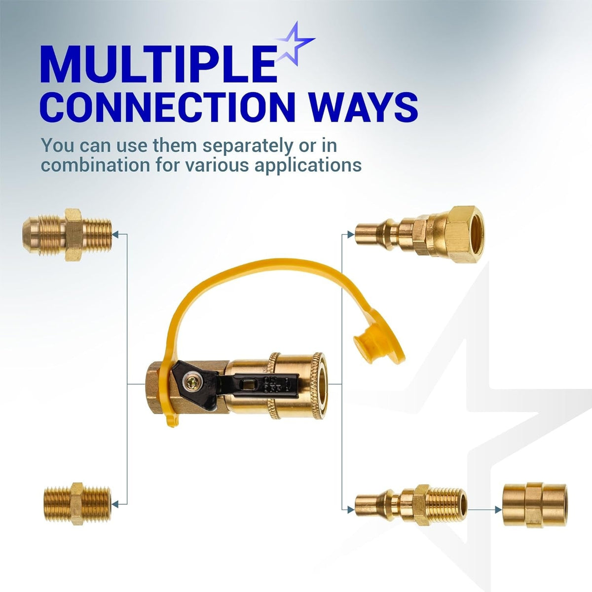 RV propane quick connect fitting adapter kit showing various brass connection configurations and assembly options.
