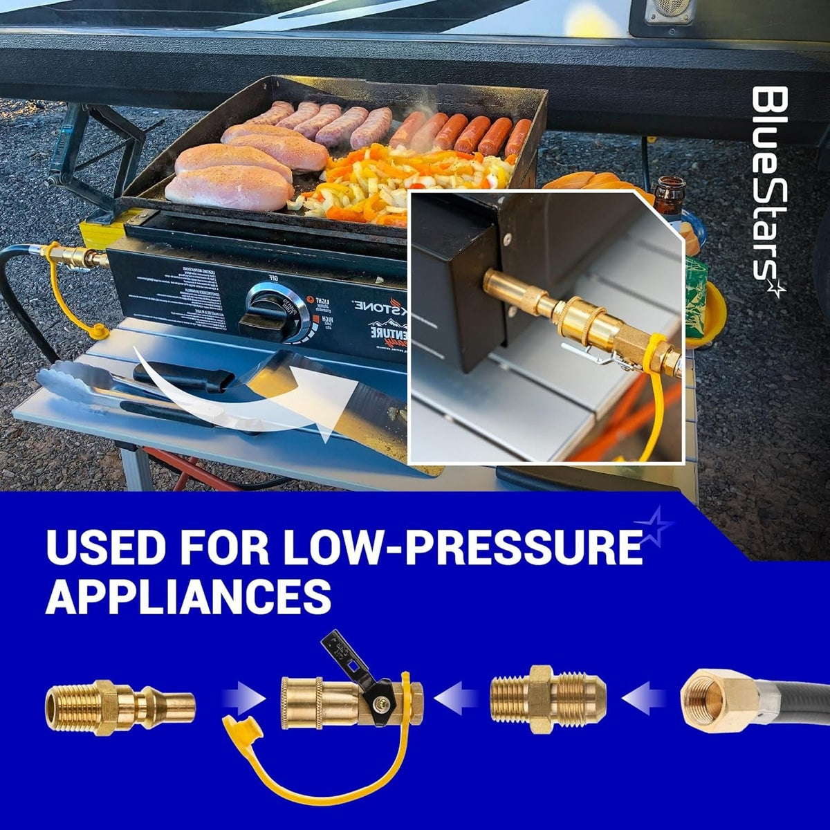 RV propane quick connect fitting adapter kit installed on a portable grill for low-pressure gas appliances.