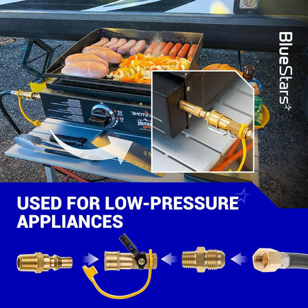 RV propane quick connect fitting adapter kit installed on a portable grill for low-pressure gas appliances.